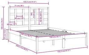 vidaXL Πλαίσιο Κρεβατιού Γκρι 150 x 200 εκ. Μασίφ Ξύλο King Size