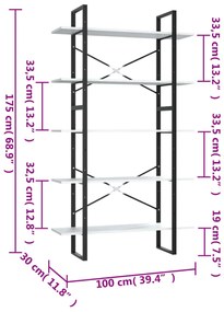 vidaXL Βιβλιοθήκη με 5 Ράφια Λευκή 100 x 30 x 175 εκ. από Επεξ. Ξύλο