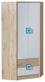 Γωνιακή ντουλάπα Akron F102, Άσπρο, Τυρκουάζ, Ελαφριά δρυς, 190x87x87cm, Πόρτες ντουλάπας: Με μεντεσέδες