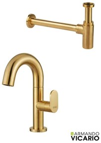 Armando Vicario Slim Gold Brushed Σιφών+Μπαταρία Νιπτήρος με βαλβίδα clic-clac