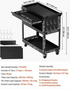 VEVOR 4-Tier Tool Cart on Wheels 350 lb Rolling Work Cart with Drawer &amp; Pegboard