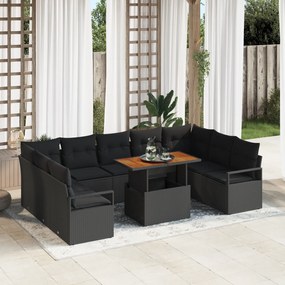 vidaXL σετ κήπων 10 τεμαχίων με μαξιλάρια μαύρο πολυ ρατάν ακακία