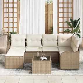vidaXL Σετ Καναπέ Κήπου με μαξιλάρι 7 pcs Μπεζ και λευκό Πολυ ράταν