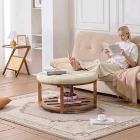 VEVOE Large Round Ottoman Coffee Table, 81 cm Tufted Coffee Table with Solid Wood Shelf Storage, Linen Solid Upholstered Footrest Ottoman for Bedroom Living Room, 350 LBS, Linen Color
