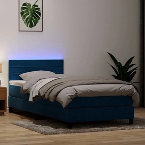 vidaXL Κρεβάτι Boxspring με Στρώμα &amp; LED σκούρο μπλε 90x210 εκ. Βελούδινο
