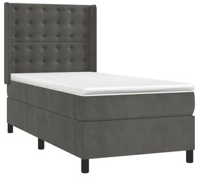 vidaXL Κρεβάτι Boxspring με Στρώμα & LED Σκ. Γκρι 90x200 εκ. Βελούδινο