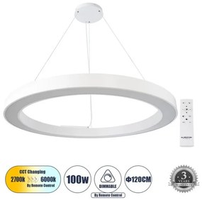 Κρεμαστό Φωτιστικό Δαχτυλίδι CCT 100W Φ120cm Αλουμίνιο Globostar-61199-Λευκό 61199