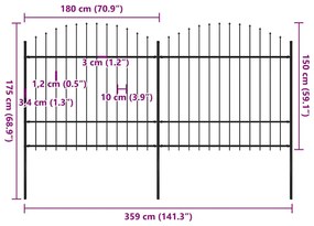 vidaXL Κάγκελα Περίφραξης με Λόγχες Μαύρα (1,5-1,75) x 3,4 μ. Ατσάλινα