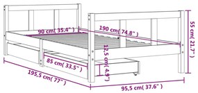 Πλαίσιο Παιδικού Κρεβατιού Συρτάρια 90x190εκ.Μασίφ Ξύλο Πεύκου  - Καφέ