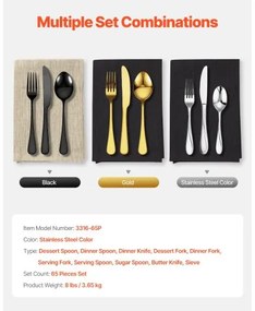 VEVOR 65-Piece Silverware Set Stainless Steel Cutlery Flatware Utensils for 12