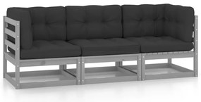 vidaXL Καναπές Κήπου Τριθέσιος από Μασίφ Ξύλο Πεύκου με Μαξιλάρια