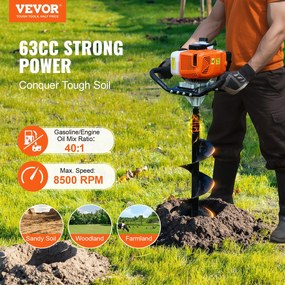 VEVOR Gas Post Hole Digger 63CC 2400W με τρυπάνια 20,3 cm &amp; 1 ράβδο επέκτασης