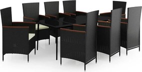 vidaXL Σετ Τραπεζαρίας Κήπου 9 τεμ Μαύρο με Μαξιλάρια