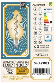 GloboStar 99021 Λάμπα LED Soft S Spiral Filament E27 BB100 BUBBLES Γλόμπος 6W 420lm 360° AC 220-240V IP20 Φ10 x Υ24cm Ultra Θερμό Λευκό 2200K με Μελί Γυαλί - Dimmable - 3 Years Warranty - 99021