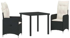vidaXL Σέτ φαγητού για κήπο με μαξιλάρι 3 pcs Μαύρο Πολυ ράταν