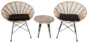 SALSA Coral Coffee Set Κήπου Μέταλλο Μαύρο - Γυαλί - Wicker Φυσικό: Τραπεζάκι 2 Πολυθρόνες TableΦ50x44 Armchair72x62x81cm Ε283,S