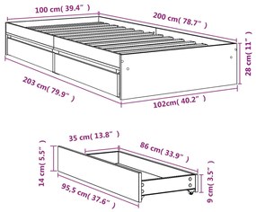 Πλαίσιο Κρεβατιού με Συρτάρια Μαύρο 100x200 εκ Επεξεργ. Ξύλο - Μαύρο