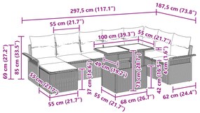 vidaXL Σετ Σαλονιού Κήπου 9 Τεμαχίων με Μαξιλάρια Ανοιχτό Γκρι Πολυ Ρατάν