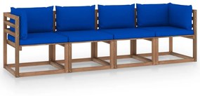 Καναπές Κήπου Παλέτας Τετραθέσιος Εμπ. Ξύλο Πεύκου&amp;Μαξιλάρια - Μπλε
