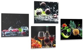 Σετ εικόνων κρασί και κομμάτια φρούτων σε μαύρο φόντο - 4x 40x40