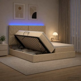 vidaXL LED Κρεβάτι αποθήκευσης με στρώμα Κρεμ 200 x 200 cm Ύφασμα