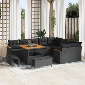 vidaXL Σετ καναπέ κήπου 12 τεμαχίων με μαξιλάρια Μαύρο Πολυ ρατάν Ακακία