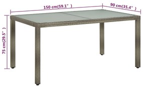 vidaXL Τραπέζι Κήπου Γκρι 150x90x75 εκ. Συνθετικό Ρατάν/Ψημένο Γυαλί