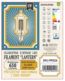 GloboStar 99026 Λάμπα LED Long Filament E27 FT95 LANTERN Γλόμπος 8W 650lm 360° AC 220-240V IP20 Φ9.5 x Υ21.5cm Ultra Θερμό Λευκό 2200K με Μελί Γυαλί - Dimmable - 3 Years Warranty