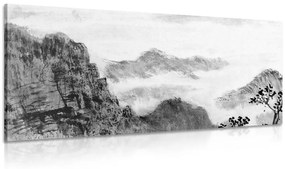 Εικόνα ενός κινεζικού τοπίου στην ομίχλη σε ασπρόμαυρο