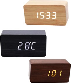 Ξύλινο Επιτραπέζιο Ψηφιακό Ρολόι με οθόνη LED, Ξυπνητήρι, Θερμόμετρο - Μπεζ