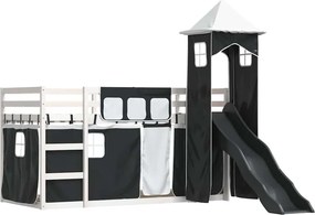 vidaXL Κουκέτα με Τσουλήθρα και Κουρτίνες Λευκή και Μαύρη 90x190 εκ.