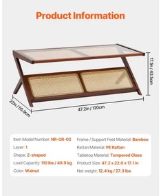 VEVOR Rattan Coffee Table Z-Shaped Rattan Coffee Table 1-Tier for Living Room