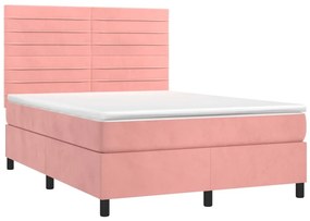 Κρεβάτι Boxspring με Στρώμα &amp; LED Ροζ 140x190 εκ. Βελούδινο - Ροζ