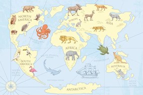 Εικόνα στον παγκόσμιο χάρτη φελλού με τα ζώα - 90x60  transparent
