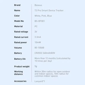 Baseus Home Intelligent T2 Pro Keychain Wireless Key and Other Object Finder BT 5.0 White (FMTP000002)