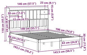 Κρεβάτι Βιβλιοθήκη Χωρίς Στρώμα 140x190 εκ Μασίφ Ξύλο Πεύκου - Καφέ