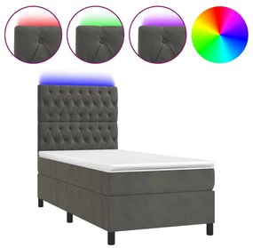 Κρεβάτι Boxspring με Στρώμα &amp; LED Σκ. Γκρι 90x190 εκ. Βελούδινο - Γκρι