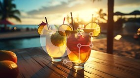 Intra Συλλεκτικό Ξύλινο Παζλ Plywood 4mm - Πολύχρωμα κοκτέιλ δίπλα στην πισίνα στο ηλιοβασίλεμα Σε Ξύλινο Κουτί - Διαστάσεις Puzzle: 10x10 cm – 25 κομμάτια