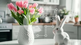 Intra Συλλεκτικό Ξύλινο Παζλ Plywood 4mm - Λευκό κουνέλι και ροζ τουλίπες στο τραπέζι της κουζίνας Σε Ξύλινο Κουτί - Διαστάσεις: 10x10 cm – 25 κομμάτια