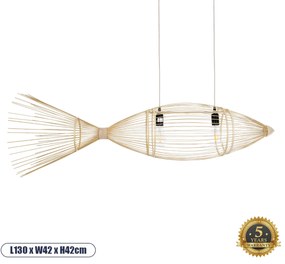01927 GloboStar® FISH 01927 Μοντέρνο Κρεμαστό Φωτιστικό Πλέγμα Δίφωτο 2 x E27 IP20 Μπεζ Ξύλο - Μ130 x Π42 x Υ42cm
