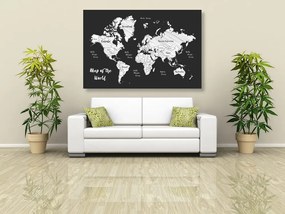 Εικόνα σε φελλό ενός ασπρόμαυρου μοναδικού παγκόσμιου χάρτη - 120x80  flags