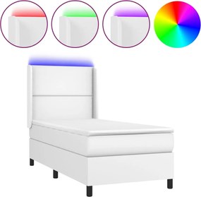 vidaXL Κρεβάτι Boxspring με Στρώμα &amp; LED Λευκό 90x190 εκ. Συνθ. Δέρμα