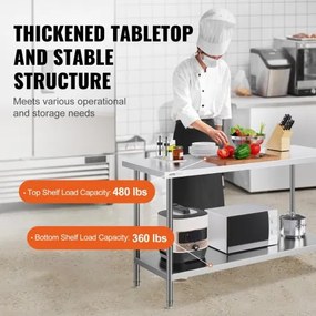 VEVOR Stainless Steel Work Prep Table Commercial Worktable Food Prep 24x60x34in