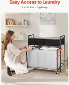 VEVOR 3 Section Laundry Sorter Rolling Laundry Hamper with Drawers Hooks Wheels