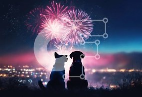 Σετ των 2 Intra Συλλεκτικό Ξύλινο Παζλ Plywood  4mm - Σκυλιά που παρακολουθούν πυροτεχνήματα Σε Ξύλινο Κουτί - Διαστάσεις: 10x10 cm – 25 κομμάτια