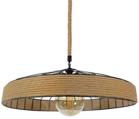 01416 GloboStar® SAHARA 01416 Moντέρνο Κρεμαστό Φωτιστικό Καπέλο Μονόφωτο 1 x E27 IP20 Μαύρο Μέταλλο με Μπεζ Σχοινί - Μ80 x Π80 x Y25cm