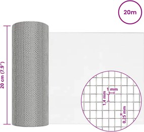 vidaXL Πλέγμα Οθόνης 18 mesh 20 x 2000 εκ Ανοξείδωτο Ατσάλι 304 Ασημί