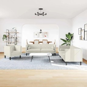 vidaXL Σετ Καναπέδων Chesterfield 3 Τεμαχίων με Βάσεις, Κρεμ Βελούδινο