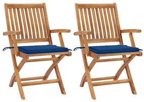 vidaXL Καρέκλες Κήπου 2 τεμ. Μασίφ Ξύλο Teak με Μπλε Ρουά Μαξιλάρια