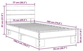 Πλαίσιο Κρεβατιού Καφέ Δρυς 75x190 εκ. Επεξ. Ξύλο &amp; Μέταλλο - Καφέ